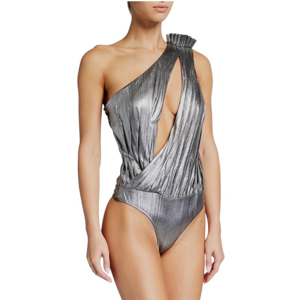 Retroféte Cassie Bodysuit Women XS Silver Metallic One Shoulder NWT‎ Party Club